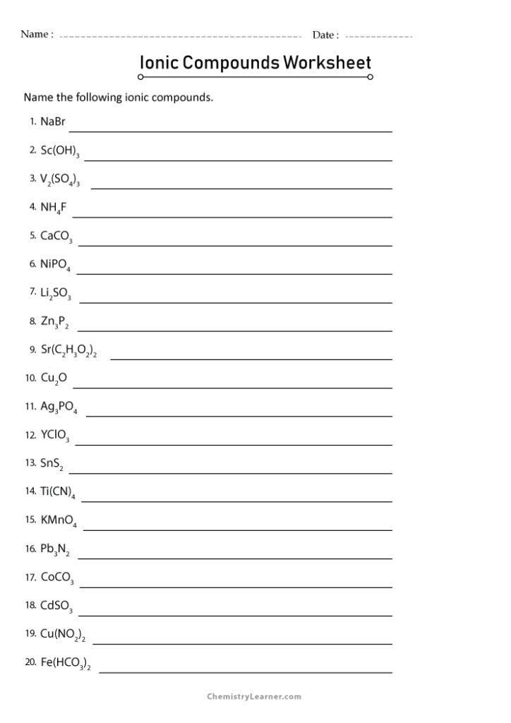 Ionic Compounds Worksheet with Answers