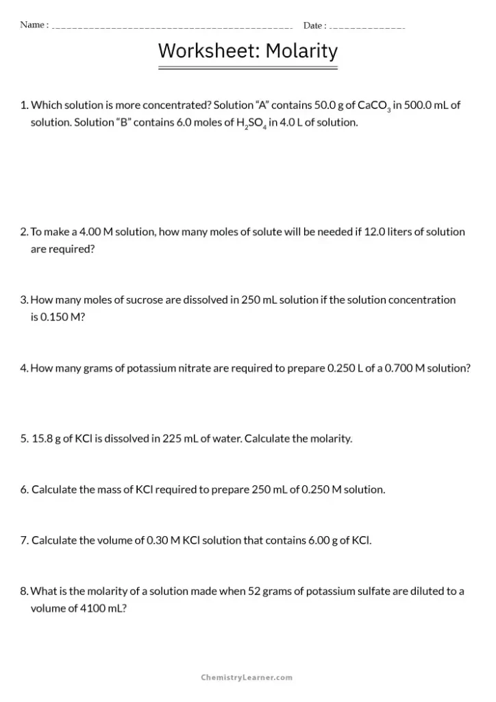 Molarity Calculations Worksheet