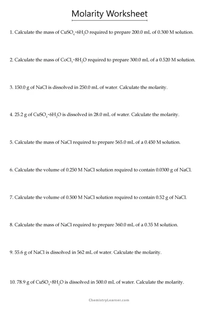 Molarity Practice Worksheet with Answers