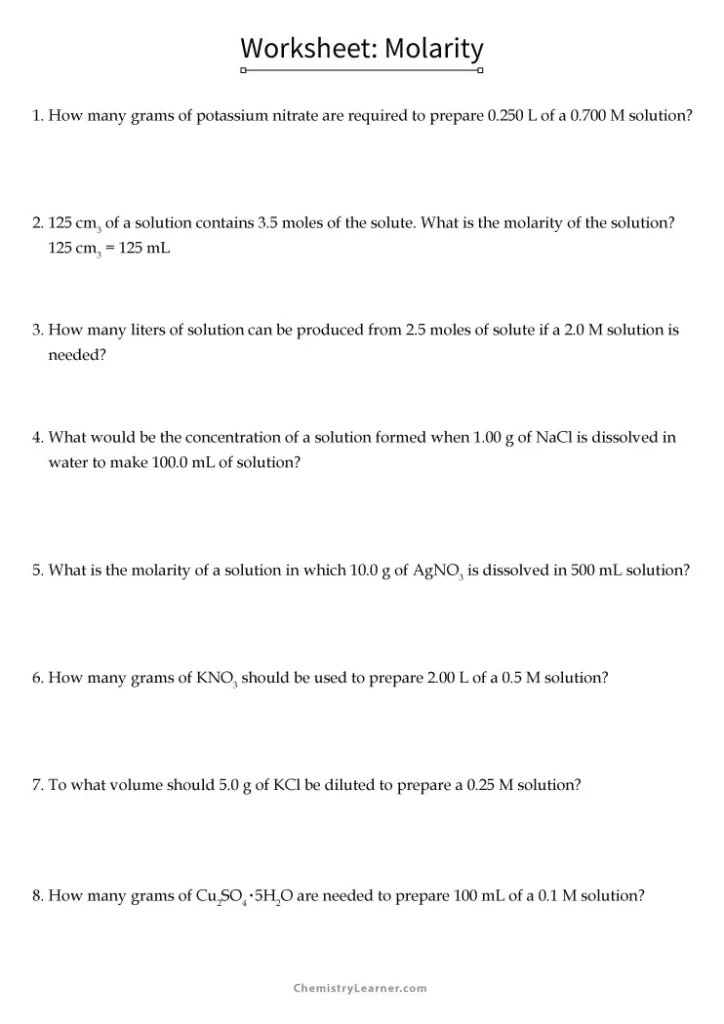 Molarity Worksheet with Answers