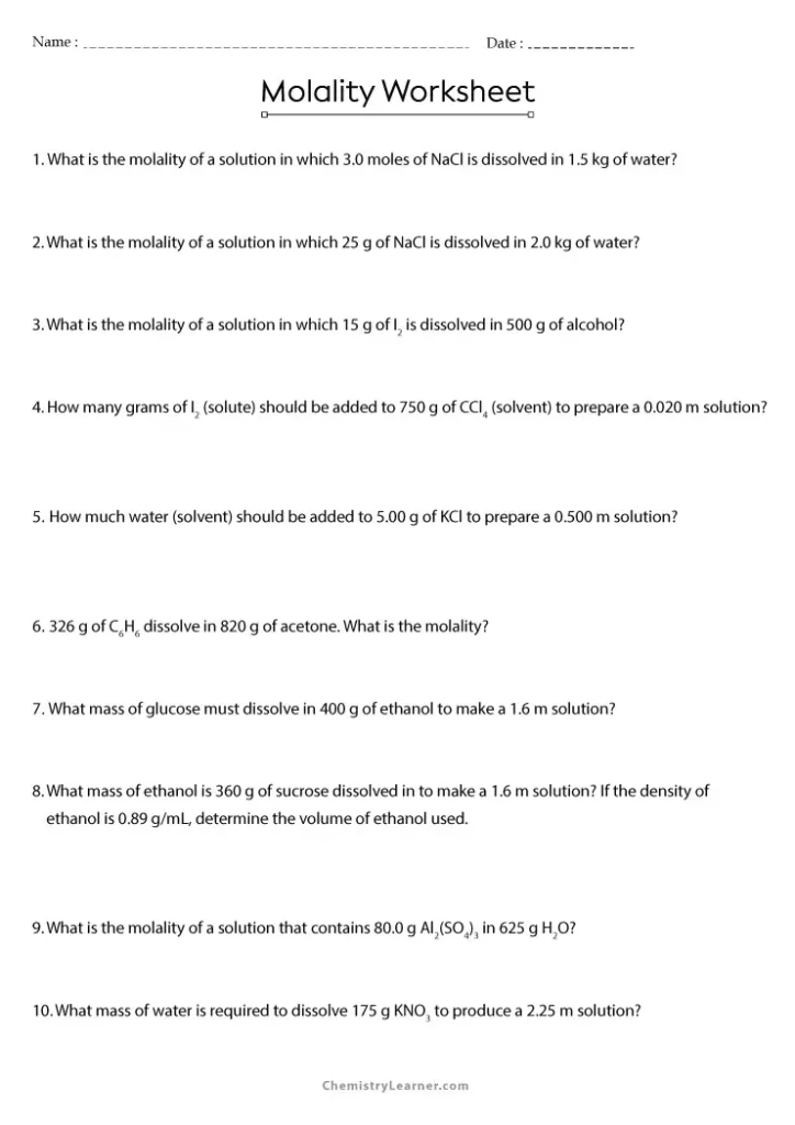 Molarity and Molality Worksheet with Answers