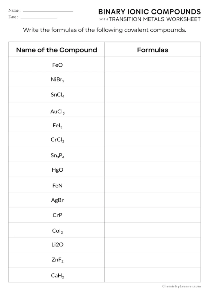 Naming Binary Ionic Compounds with Transition Metals Worksheet with Answers