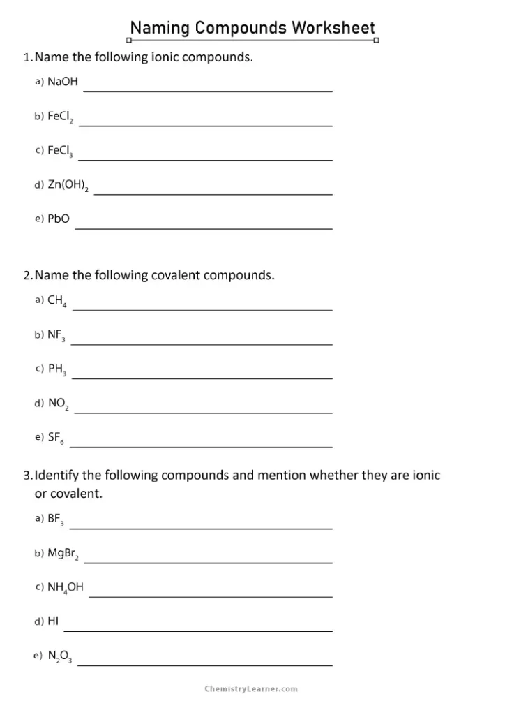 Naming Compounds Worksheet with Answer Key
