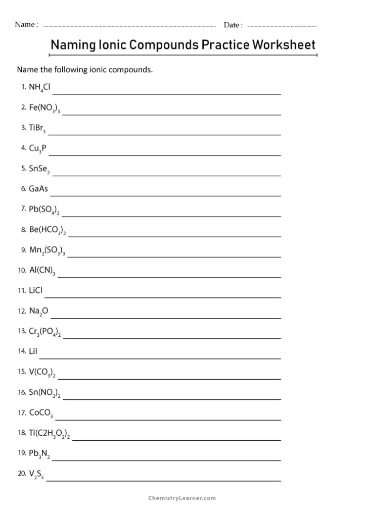 Naming Ionic Compounds Practice Worksheet with Answers