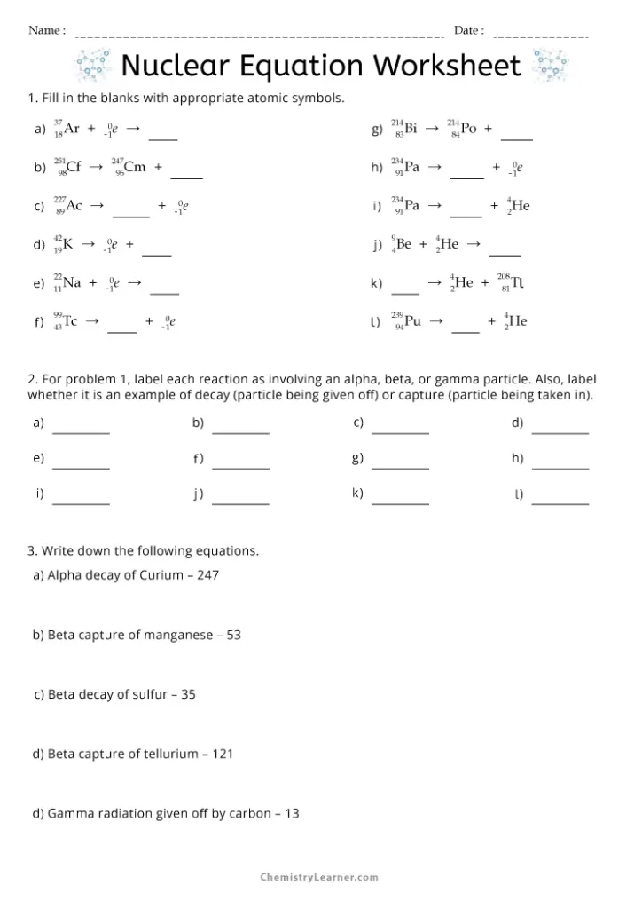 Chemistry Nuclear Reactions Worksheet with Answer Key
