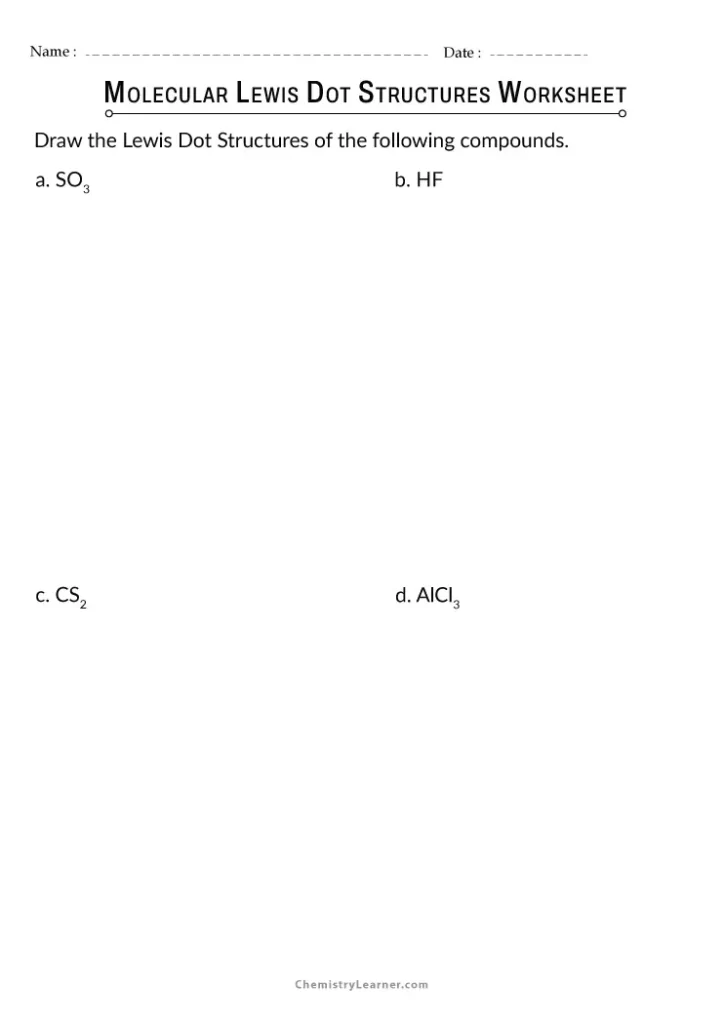 Drawing Chemical Bonds and Molecular Lewis Dot Structures Worksheet with Answers