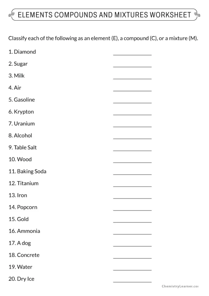 Elements Compounds and Mixtures Worksheet