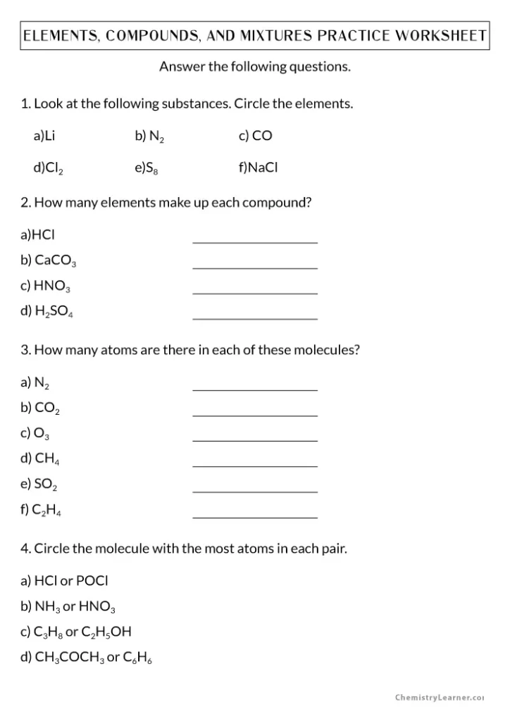 Elements Compounds and Mixtures Worksheet with Answers
