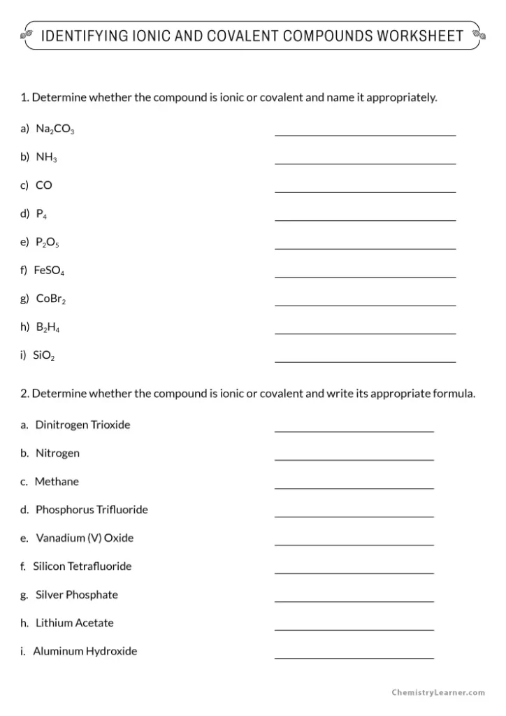 Identifying Ionic and Covalent Compounds Worksheet