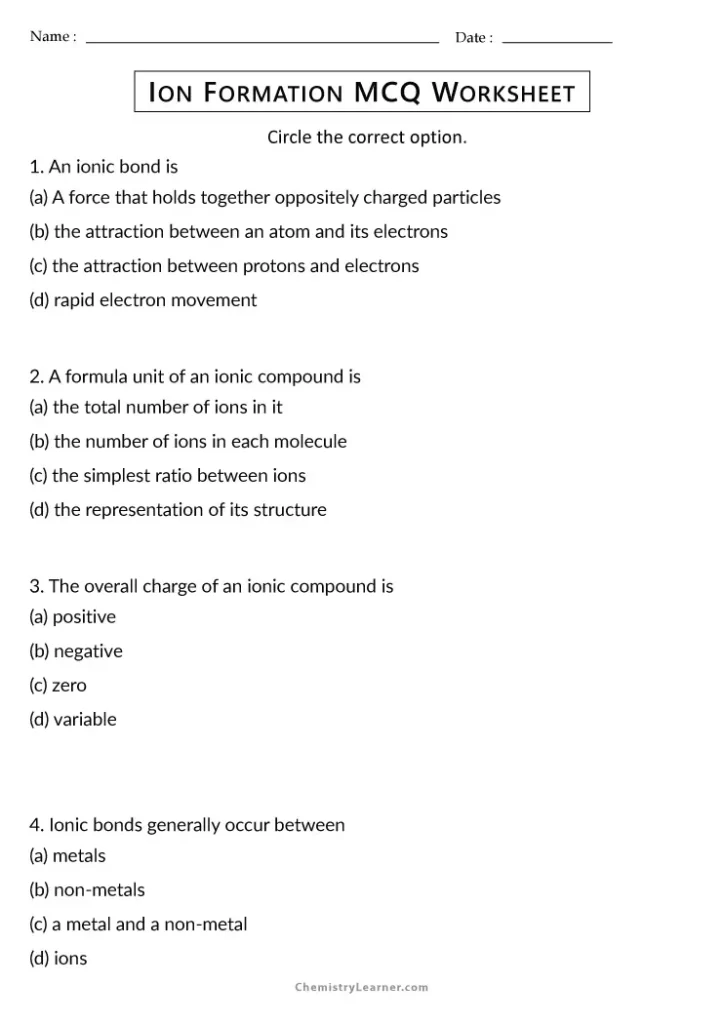 Ion Formation Worksheet with Answer Key