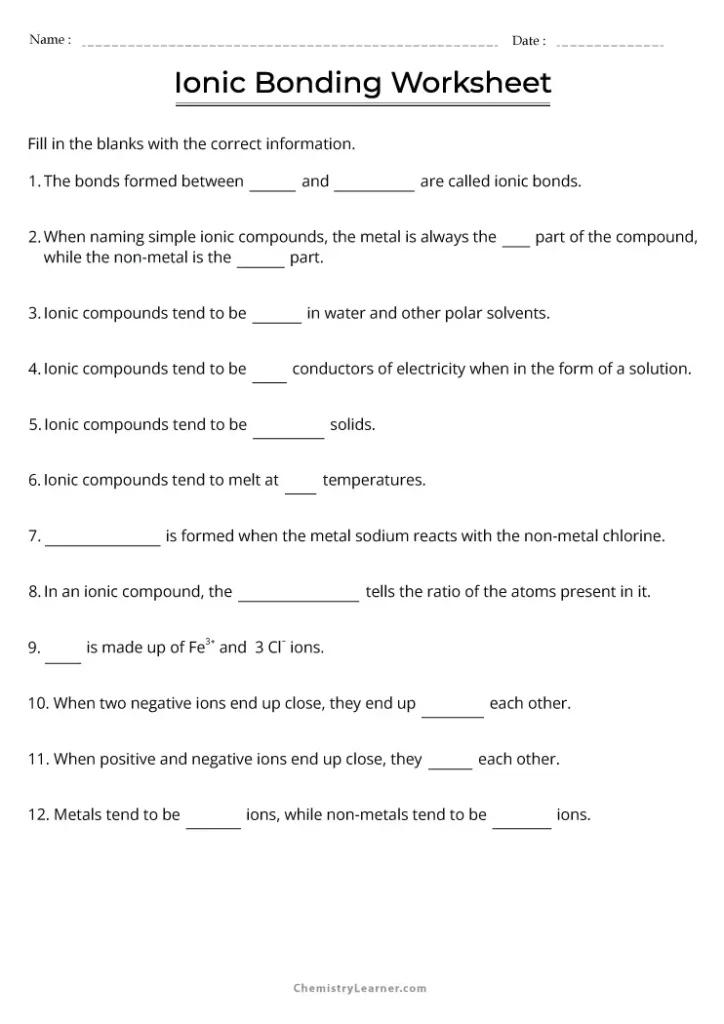 Ionic Bonding Worksheet with Answers