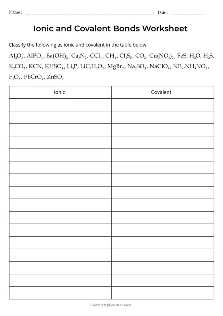 Ionic and Covalent Bonds Worksheet with Answers