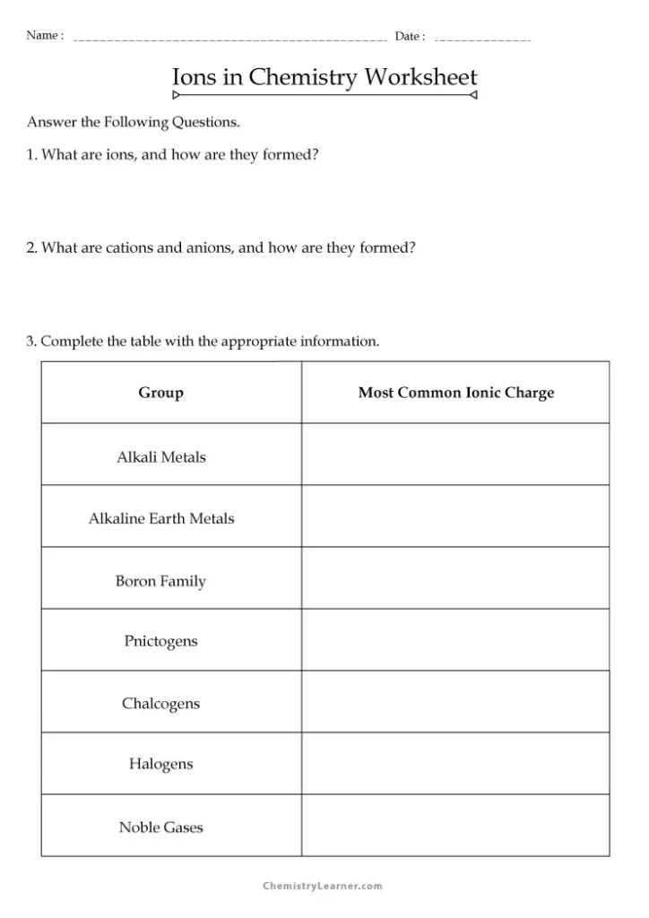 Free Printable Ions Worksheets