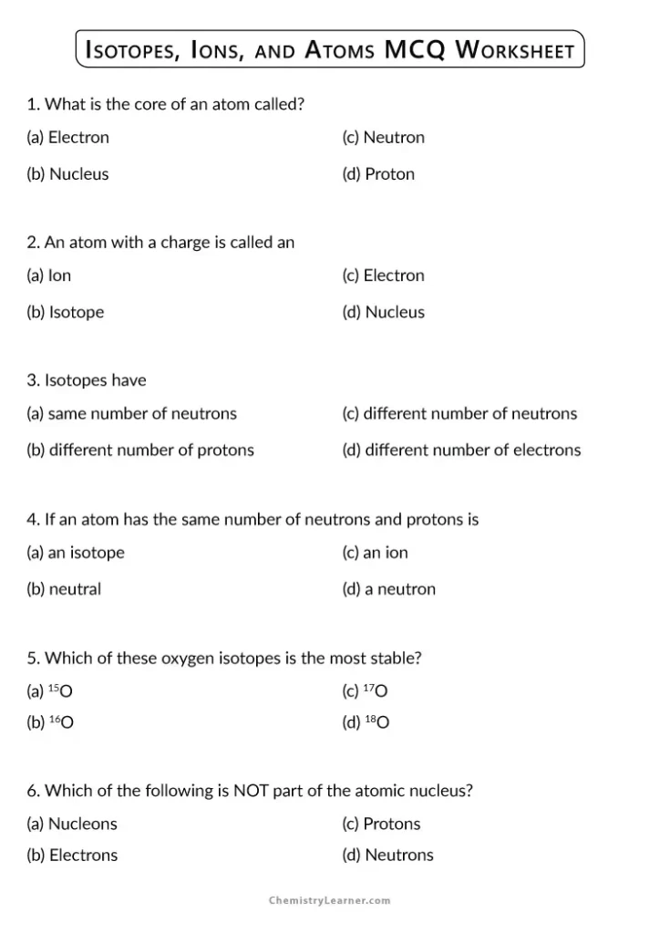 Isotopes Ions and Atoms Worksheet with Answers
