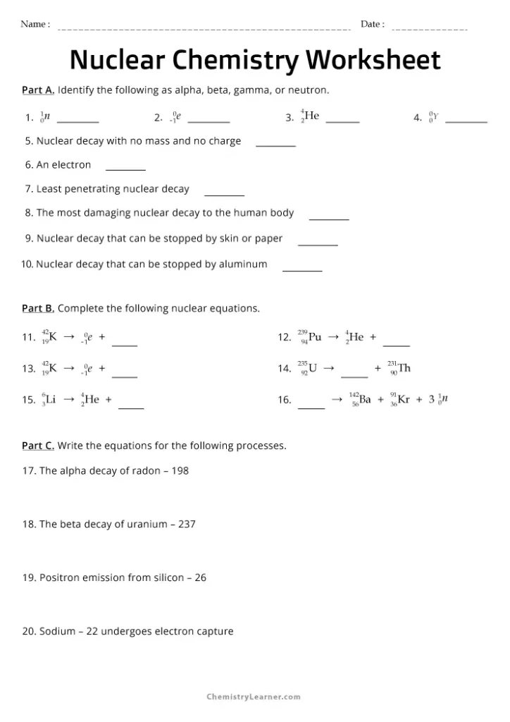 Nuclear Chemistry Fission and Fusion Worksheet