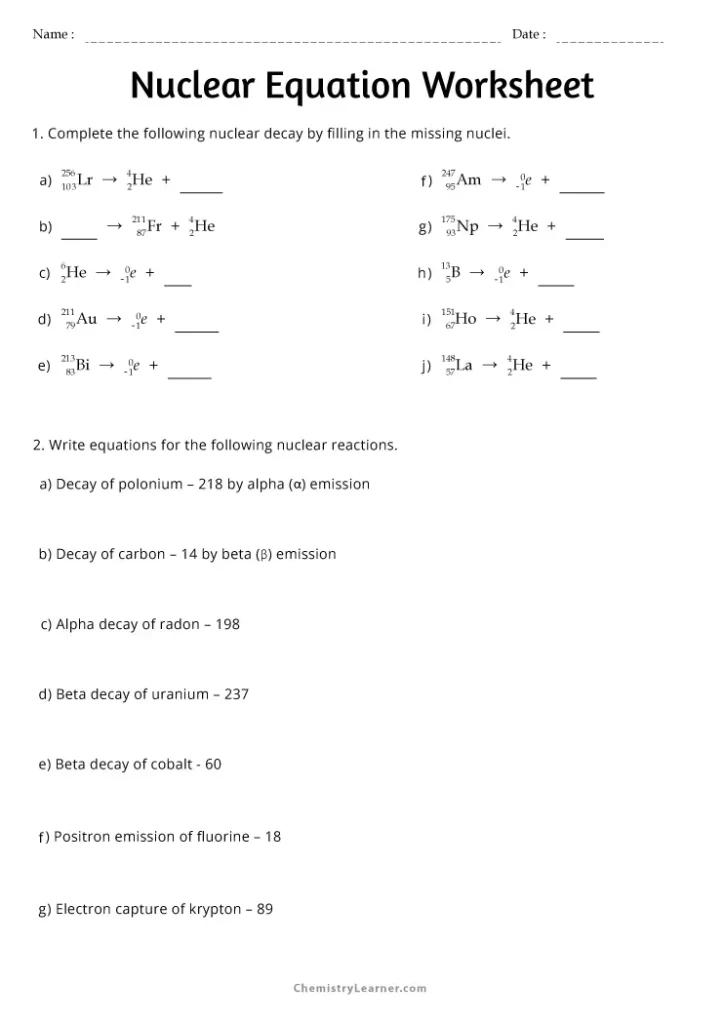 Nuclear Chemistry Worksheet GHS Honors Chemistry with Key