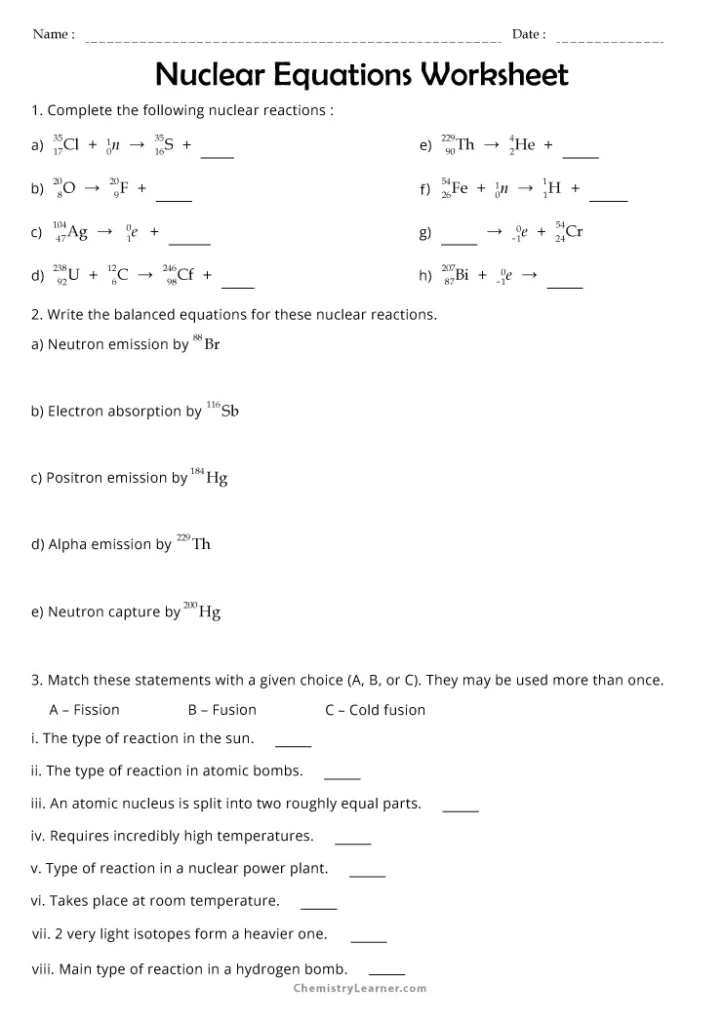 Nuclear Chemistry Worksheet with Answer Key