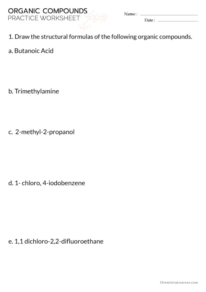 Organic Compounds Worksheet with Answers