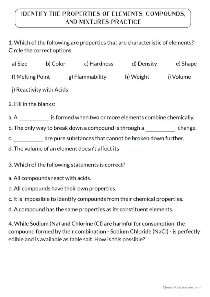 Properties of Elements Compounds and Mixtures Worksheet with Answers