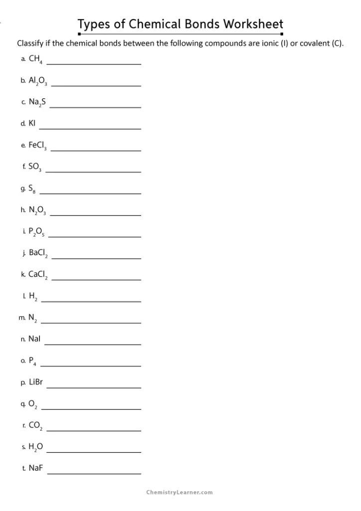Types of Chemical Bonds Worksheet with Answers