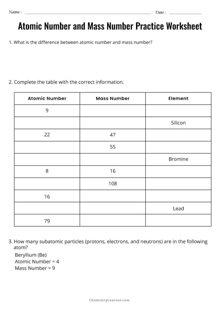 Atomic Number and Mass Number Practice Worksheet with Answers