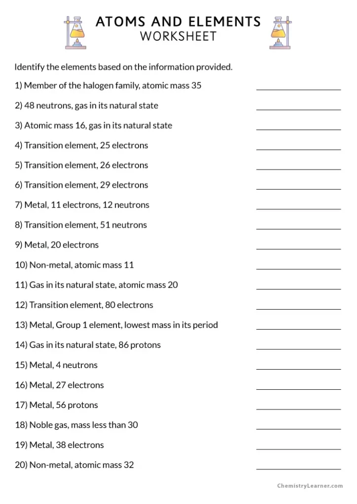 Atoms and Elements Worksheet with Answer Key