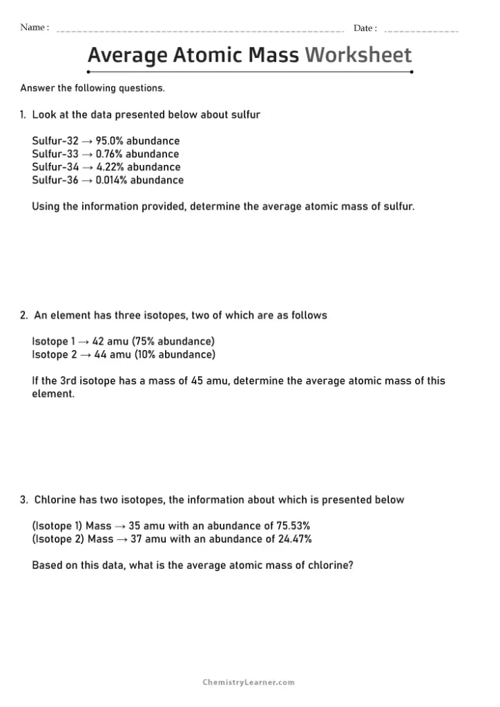 Average Atomic Mass Worksheet with Answers