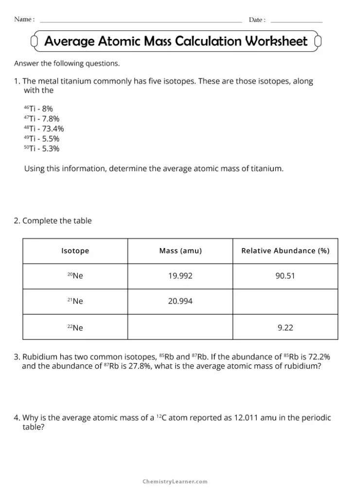 Calculating Average Atomic Mass Worksheet with Answers
