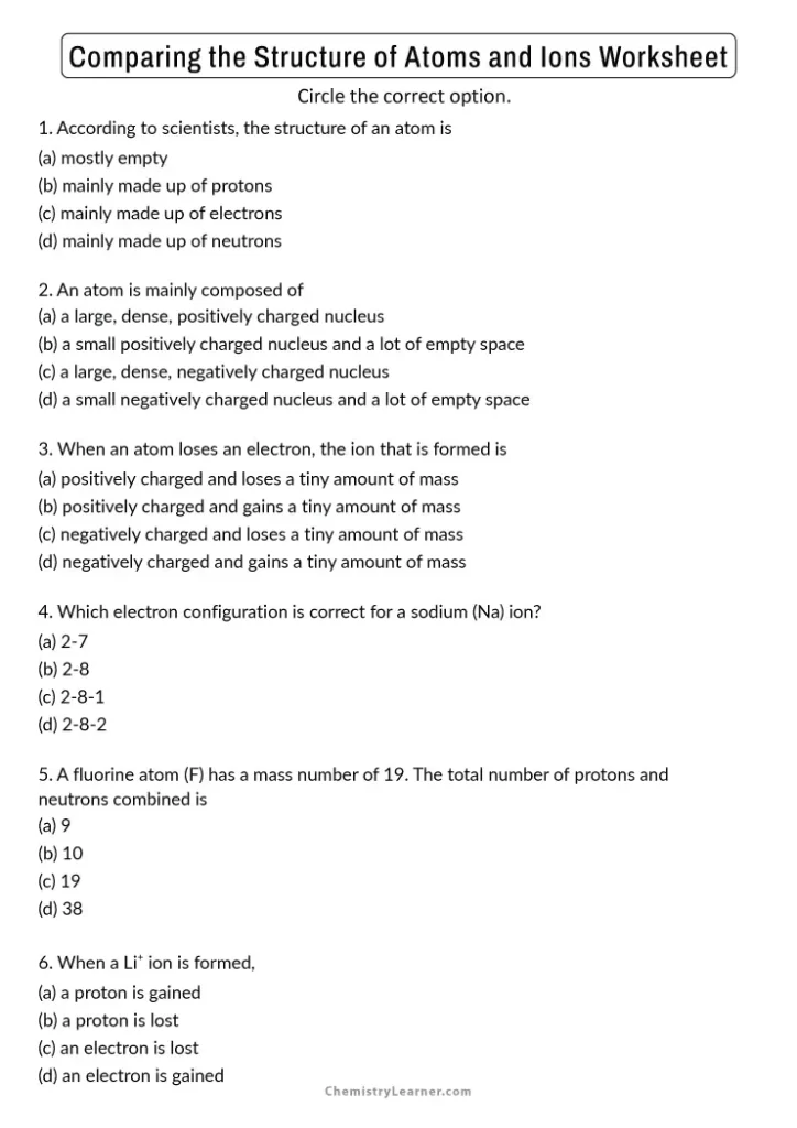 Comparing The Structure of Atoms and Ions Worksheet