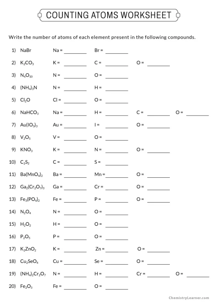 Counting Atoms Worksheet with Answer Key
