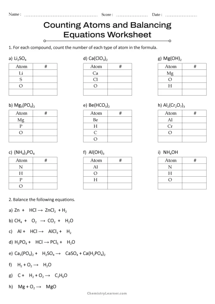 Counting Atoms and Balancing Equations Worksheet with Answer Key