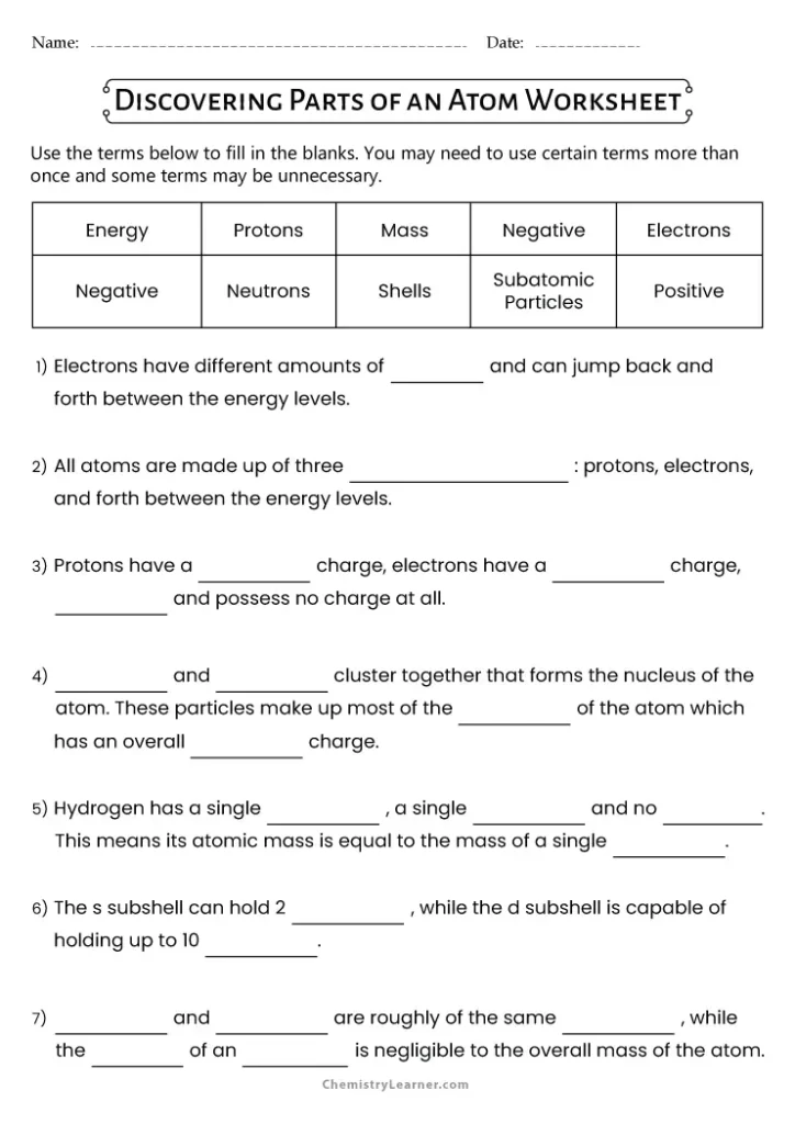 Discovering Parts of an Atom Worksheet with Answer Key