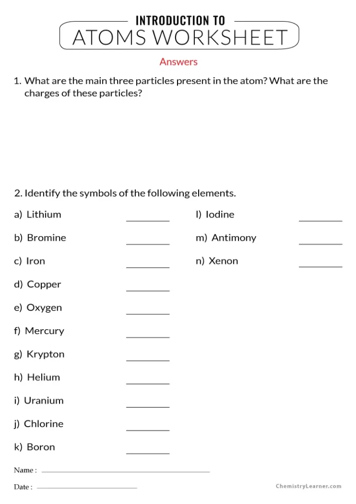Introduction to Atoms Worksheet