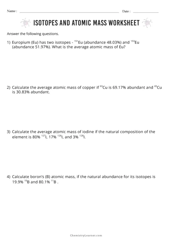 Isotopes and Atomic Mass Worksheet with Answer Key