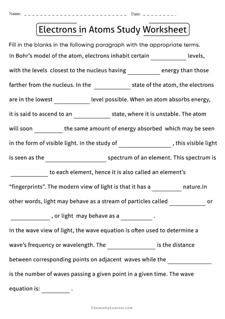 Chemistry a Study of Matter Worksheet Electrons in Atoms with Answers
