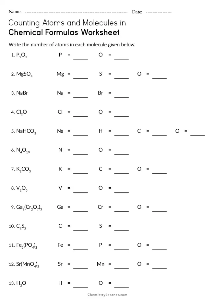 Counting Atoms and Molecules in Chemical Formulas Worksheet with Answer Key
