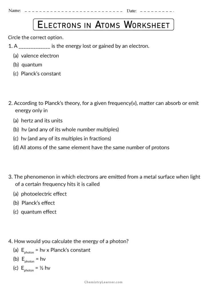 Electrons in Atoms Worksheet