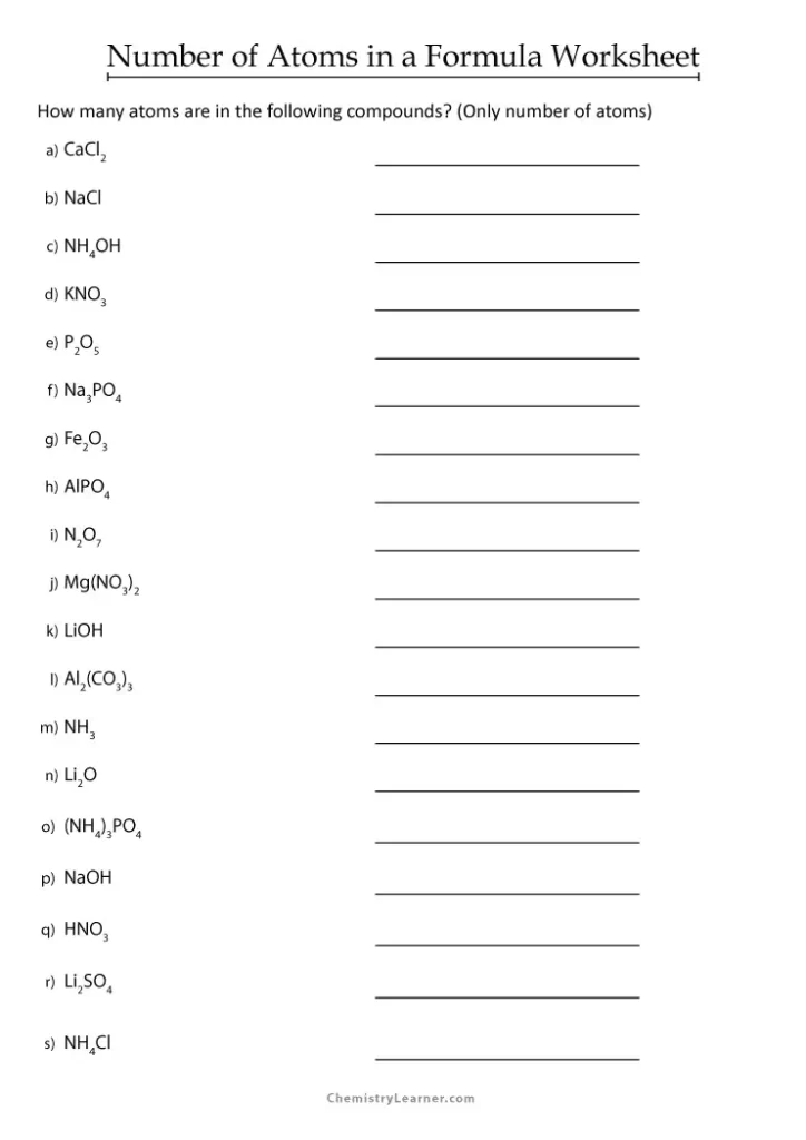 Number of Atoms in a Formula Worksheet with Answers