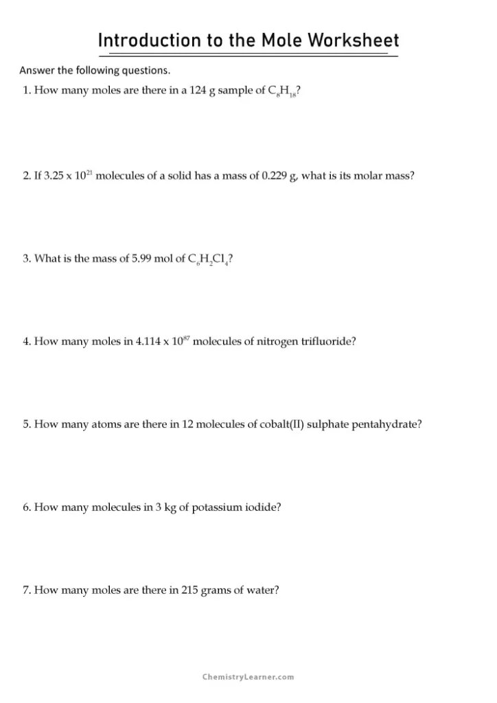 Introduction to The Mole Worksheet