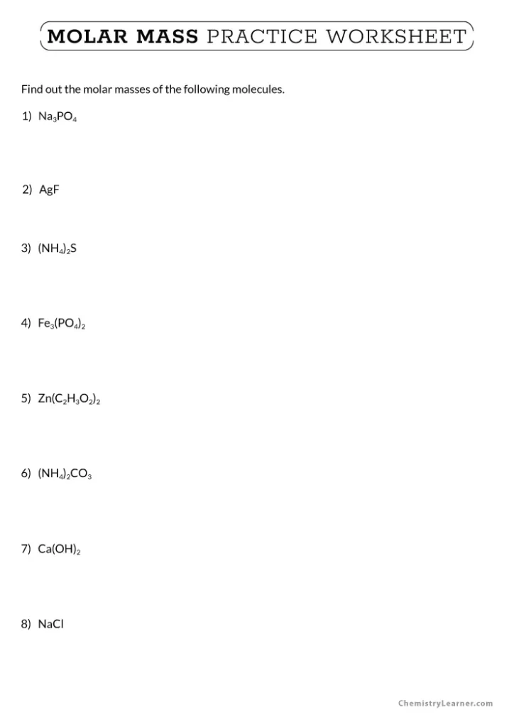 Molar Mass Practice Worksheet with Answers
