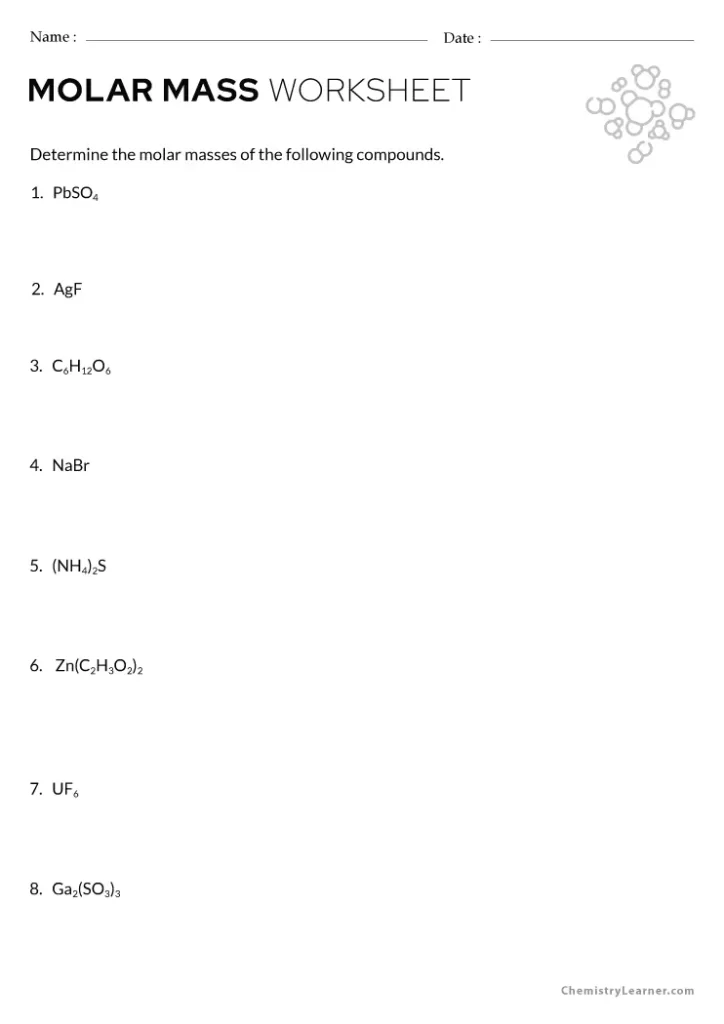 Molar Mass Worksheet with Answer Key