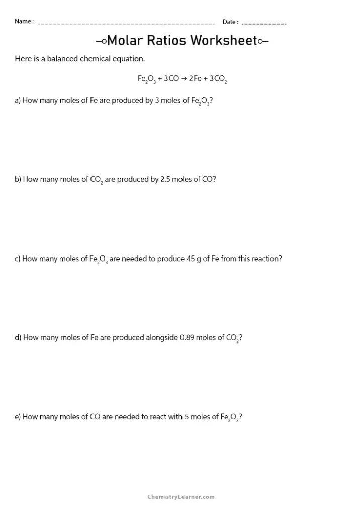 Molar Ratios Worksheet with Answers