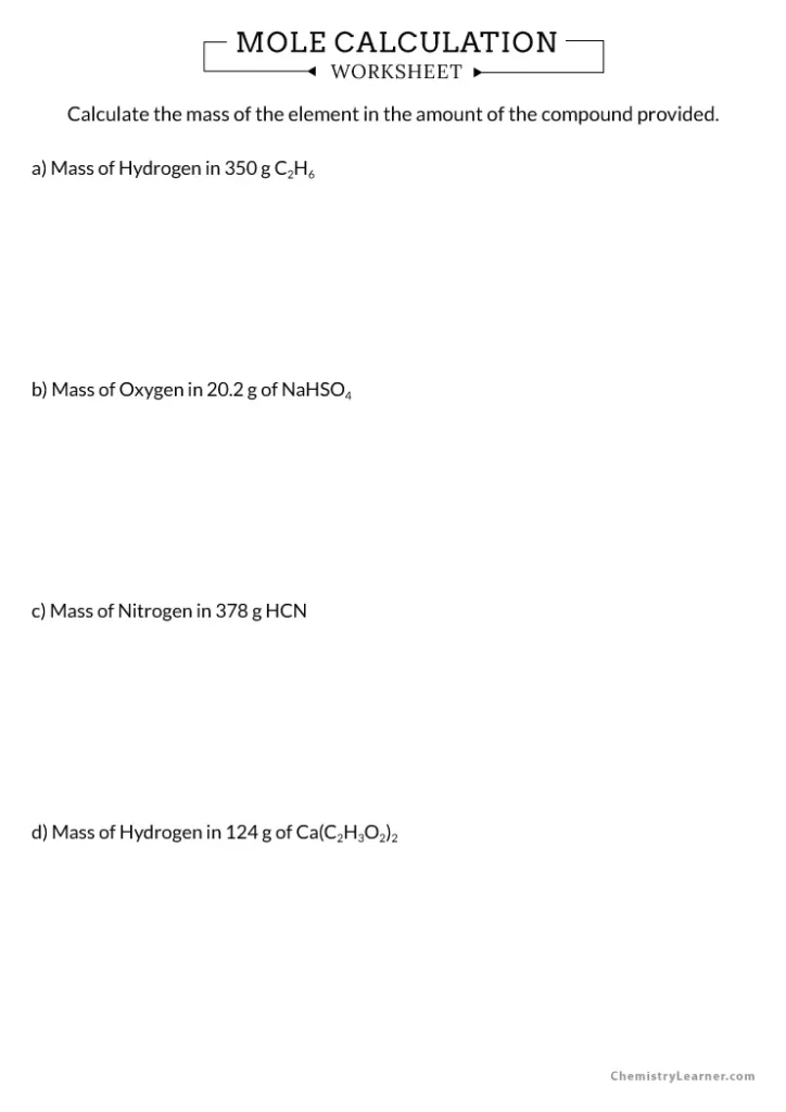 Mole Calculation Worksheet with Answers