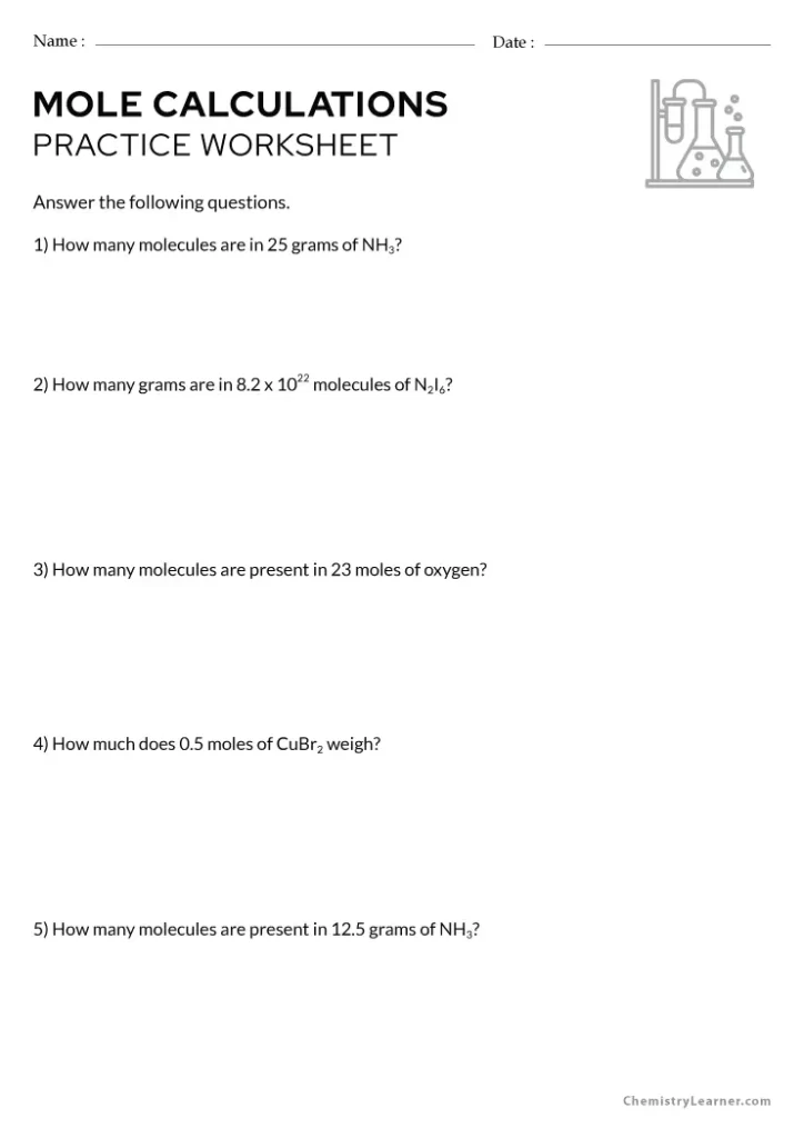 Mole Calculations Practice Worksheet
