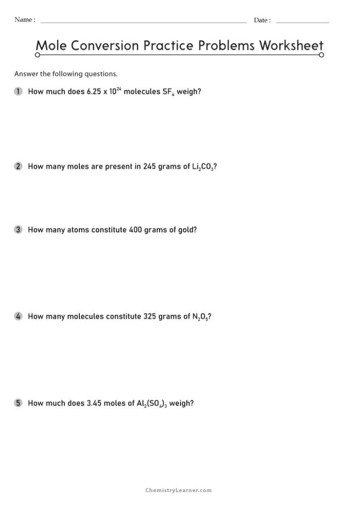 Mole Conversion Practice Problems Worksheet with Answers