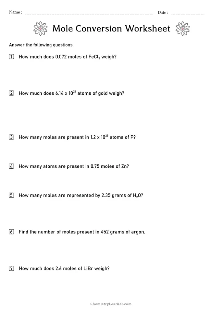Mole Conversion Worksheet with Answer Key