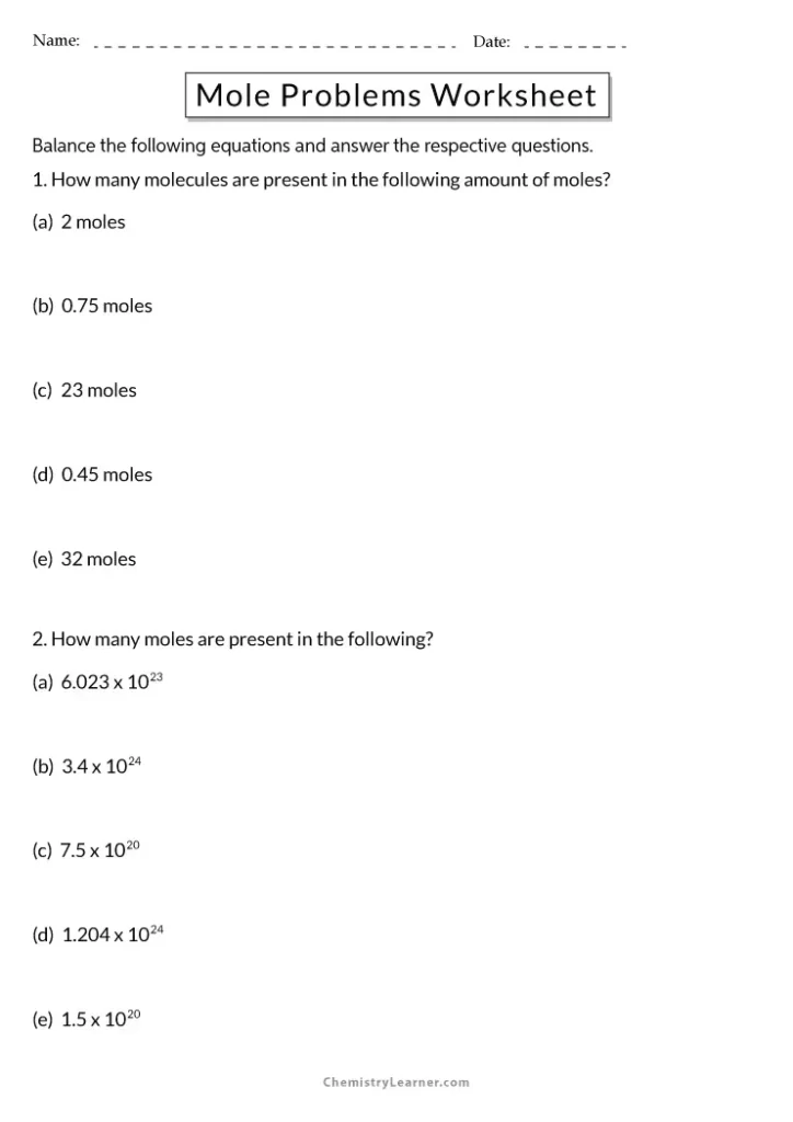 Mole Problems Chemistry Worksheet with Answers