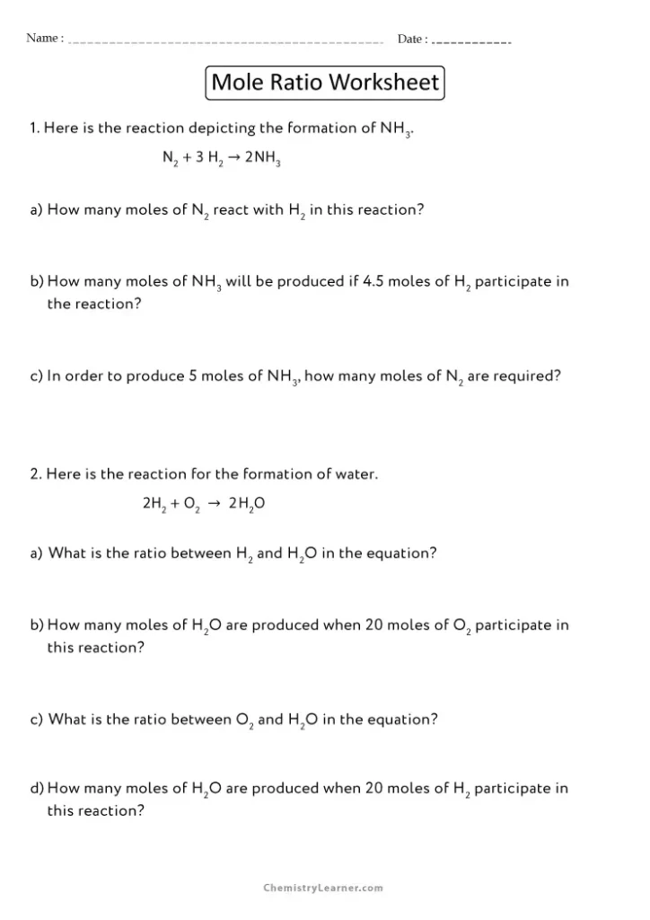Mole Ratio Worksheet with Answers
