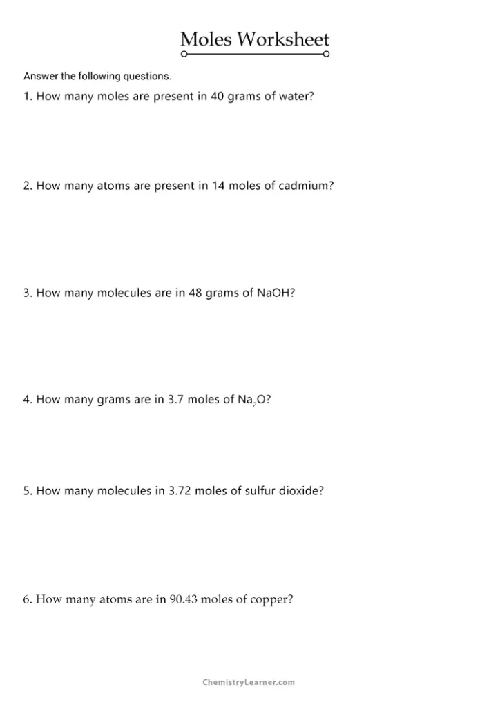 Mole Worksheet with Answer Key