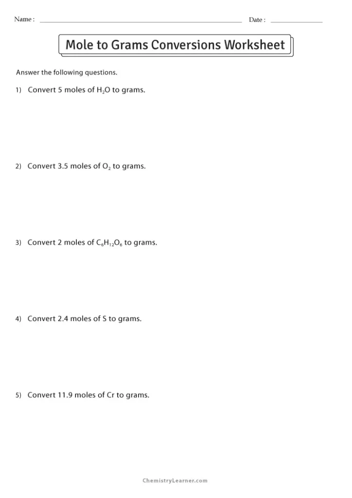 Mole to Grams Grams to Moles Conversions Worksheet with Answers